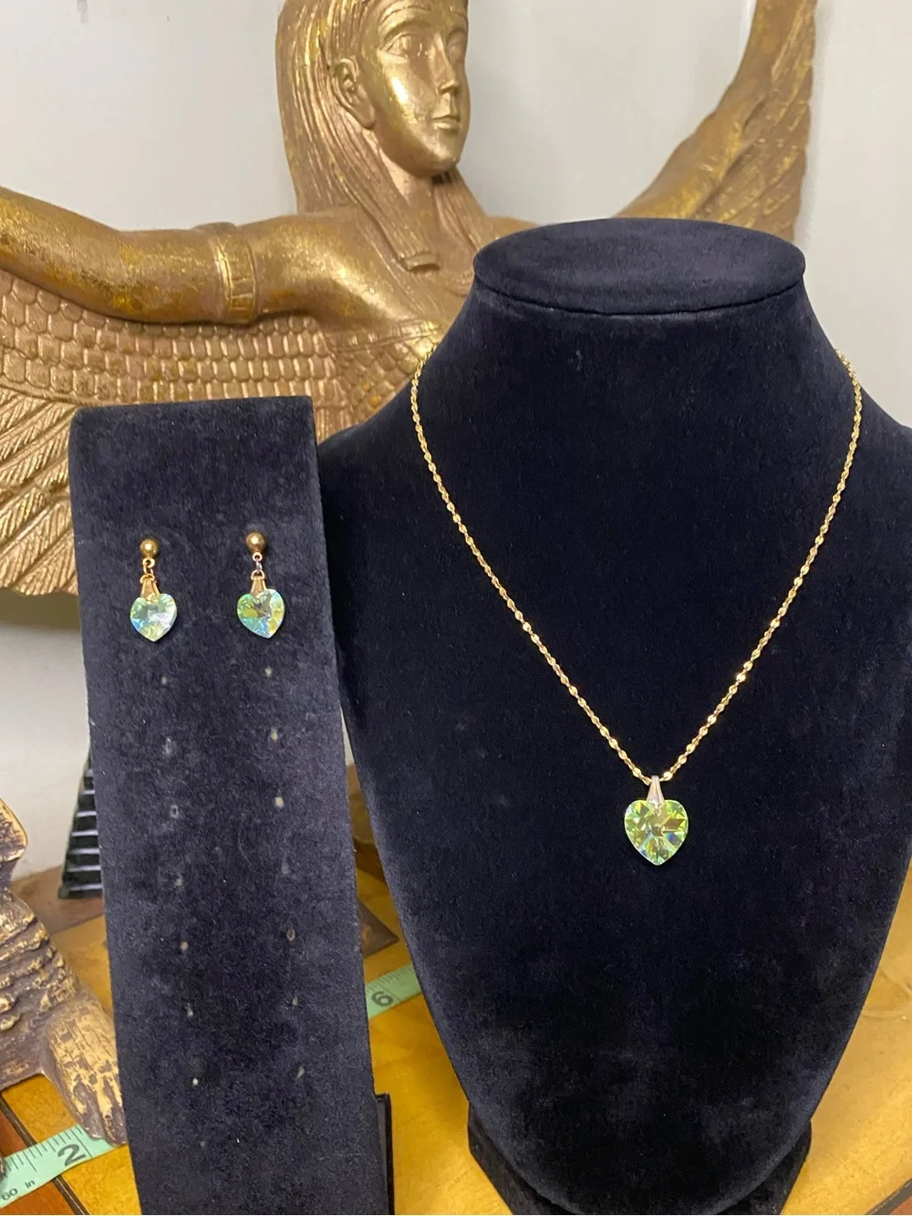 Vintage Heart Crystal Pendant Necklace and Earrings Set - Green Heart